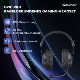 Defender® Epic Pro Gaming Headset - 7.1 Surround Sound, USB, RGB, 50mm Driver, Over-Ear, Microphone with Mute Control, PC Headset with Microphone, Volume Control, Wired