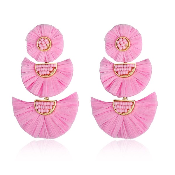 Statement Earrings Beaded Raffia Palm Bohemian Drop Dangle Earrings for