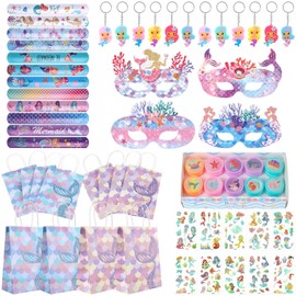Vyuwast 68 Piece Mermaid Party Children's Birthday Gift Set Mermaid Girls Birthday Decoration Mermaid Party Bags Gift Bags Eye Mask Key Ring Bracelets Tattoo Stickers