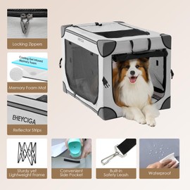 EHEYCIGA Collapsible Dog Crate 42 Inches, Portable Travel Crate for Extra Large Dogs, Soft Foldable Pet Kennel with 4-Door Mesh Windows Indoor & Outdoor, Grey