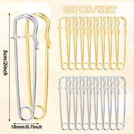 Gjinxi 3" Large Safety Pins 20 Pcs Steel Lock Pins Heavy Duty Blanket Pins Pincushions Sewing Notions Supplies Gold Silver Clips Grips for Laundry Key Rings Clothes Leather Skirts Canvas