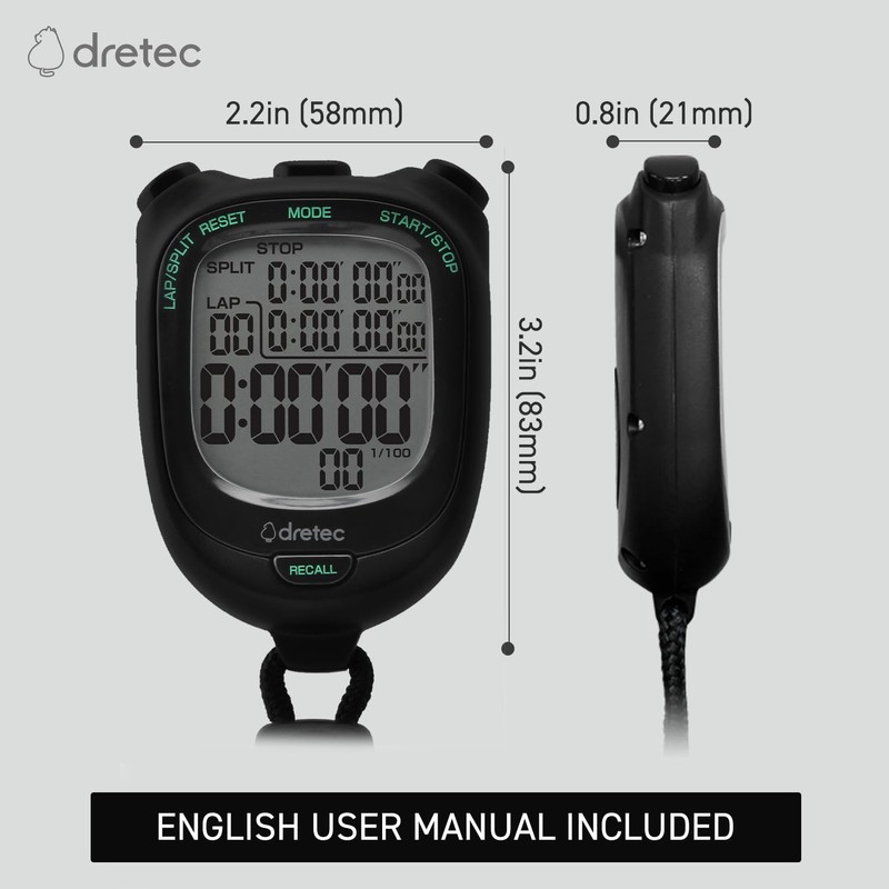 dretec Large Screen, Easy-to-Read Stopwatch, 0.01 Second Unit Measurement, Lap/Split