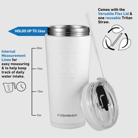 Ice Shaker 26oz Insulated Tumbler Water Bottle with Straw, Stainless Steel Water Bottle with Versatile Flex Lid, As Seen on Shark Tank, White