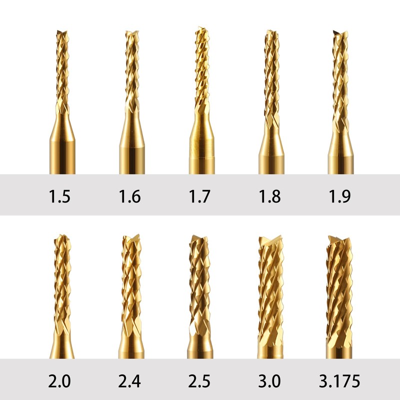 End Mill Sets,10Pcs Titanium Coat End Mill,1/8" Shank 1.5-3.175mm Micro