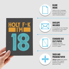 Funny 18th Birthday Card for men or women with envelope | Joke card for someone who is turning 18 years old | Original and unique present idea for son, daughter. | Holy I'm 18
