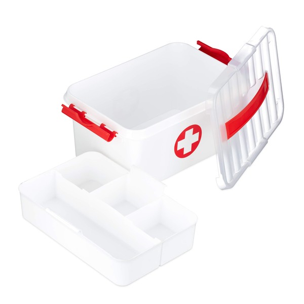 Relaxdays First Aid Box, Shelves, Medical Case to Keep Medications Safe, Plastic, HWD: 21x30x14.5 cm, White