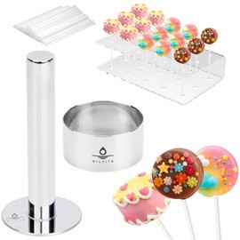 Kit de moldes para tartas de 2 pulgadas y empujador con soporte para tartas y palos; moldes de acero inoxidable para hornear en casa, fiestas de cumpleaños, postres de boda