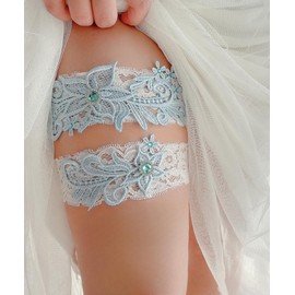 Juego de ligas de boda de encaje para novia, liga floral elástica para novia, Azul/Patchwork, L(20.5"-25.5")