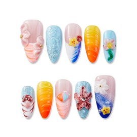 Zfans Almond Shape DreamWear Collection - 100% Handcrafted 3D Press-On Nails | Reusable, Long-Lasting, Salon-Quality Mint Bloom Eco-Friendly Nail Art Set:_Sunset Beach Marine_l