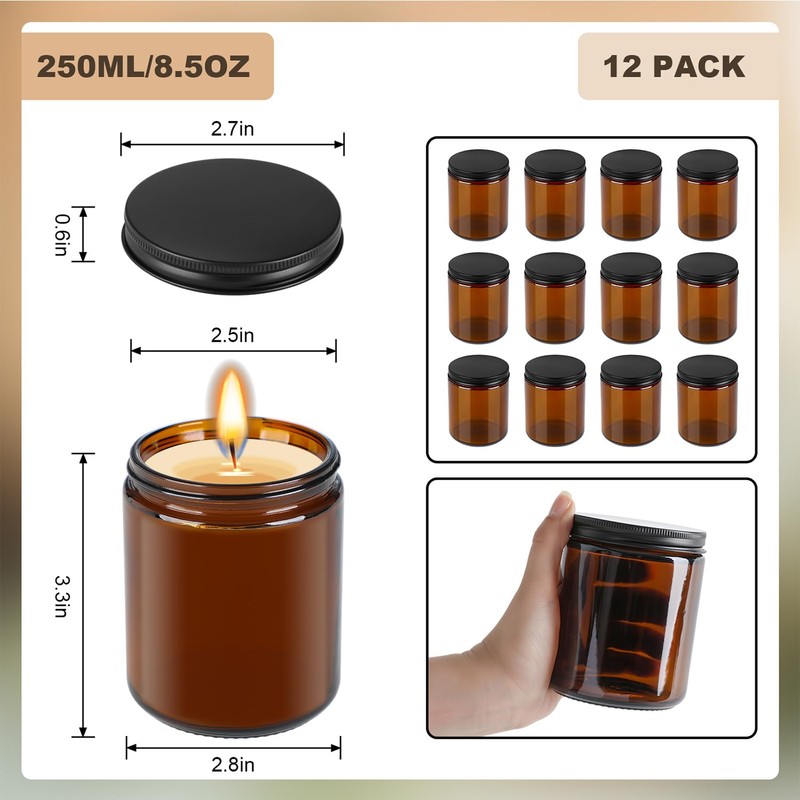 12 Pack Amber Glass Jars, 8 Oz Thick Amber Round