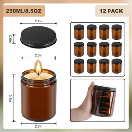 12 Pack Amber Glass Jars, 8 Oz Thick Amber Round Glass Jars, with Black Metal Lids, for Spice, Liquid, Sample, Leakproof and Dishwasher Safe