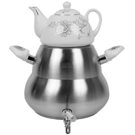 Transitional Large Capacity Classic Iranian Samovar Russian Persian Turkish Tea Maker Water Kettle Heavy Thick Stainless Steel Ceramic Porcelain Teapot 6+1=7 Liter W/Faucet