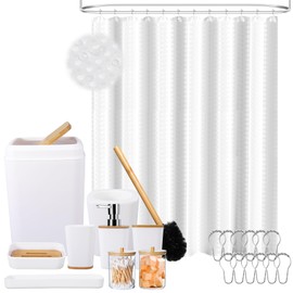 White Bathroom Sets Accessories with Waffle Shower Curtain,Bathroom Sets with Trash Can,Toothbrush Holder,Toothbrush Cup,Soap Dispense,Tray,Soap Dish,Toilet Brush,Qtip Holder