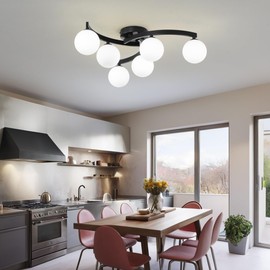 Wumydumy Mid Century Glass Globe Semi Flush Mount Ceiling Light Fixture,Modern 6 Light Sputnik Black Metal Chandelier for Dining Room Bedroom Kitchen Living Room Office Lighting