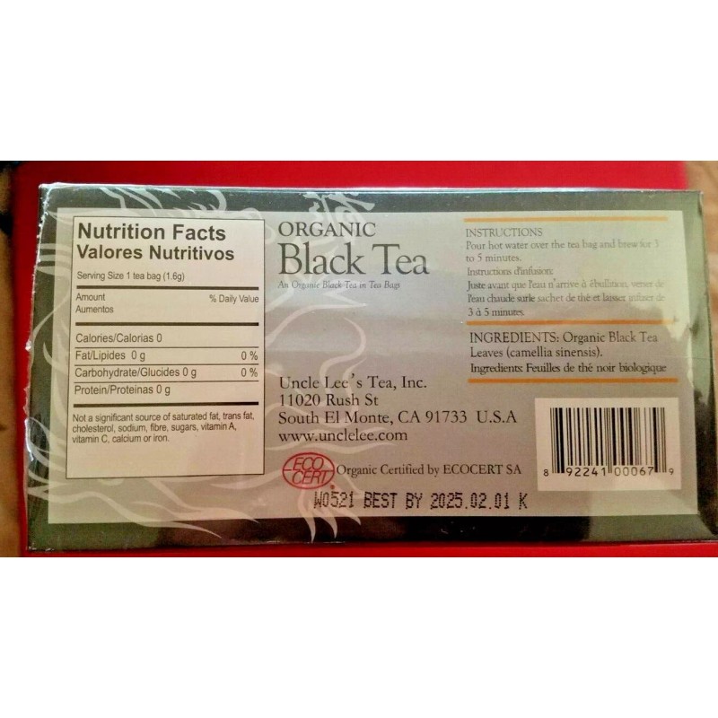 UNCLE LEE'S TEA ORGANIC BLACK TEA, (100 BAGS )