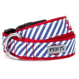 The Worthy Dog Navy Stripe Anchors Dog Collar Adjustable Heavy Duty Nylon Dog Collar with Strong Quick Release Buckle Fits Small Size Dogs Navy Blue