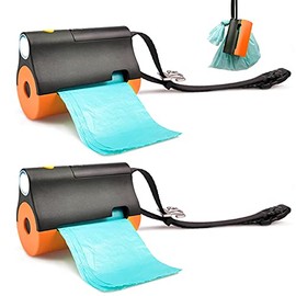 3 in 1 Dog Poop Bags Holder with Built-in LED Flashlight for Leash and Metal Clip for Hanging Used Bags Bi-Color Dog Poop Dispenser with Wristler(2 Holder 30 Bags, Black&Orange)