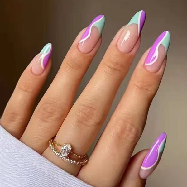 JUSTOTRY Nude Pink with Purple Green White Swirl Design French Nail Art 24 Pcs Cute Oval Almond Shape Press on Nails,Medium Length Fake False Nails with Glue,Gel Acrylic Nail Art for Women and Girls Stick on Nails