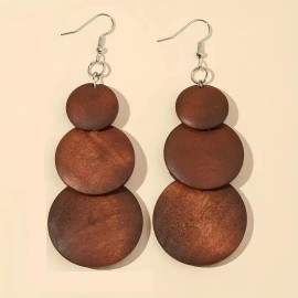 MayBay Women Retro Elegant Brown 3 Circle Design Dangle Earrings Wooden Jewelry Trendy