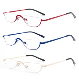 KoKoBin Half Reading Glasses,3 Pack Half Rim Metal Frame Glasses Spring Hinge Readers for Men and Women, (Blue+Red+White 1.50)