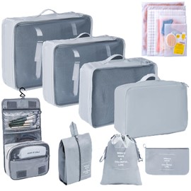 Giznzg 13-Piece Packing Cubes, Suitcase Organiser, Travel Organiser Set with Shoe Bag, Cosmetic Bag, Clothing Bag, Accessories Bags for Travel Luggage Organiser Women Men (Grey)