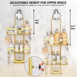 Shower Caddy Hanging Adjustable Shower Caddy, Rustproof Shower Organizer Extended Length Showers Caddy Over Shower Head with Hooks Soap Holder, Large Capacity Anti-Swing Bathroom Organizer, Gold