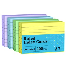 Colored Flash Cards A7 Index Cards, 200 PCS, A7 Colored Revision Cards, Ruled Flashcards A7, Study Cards for Learning, Lined Ruled Cards A7 for Studying, Heavy Record Cards for Office/Home/School