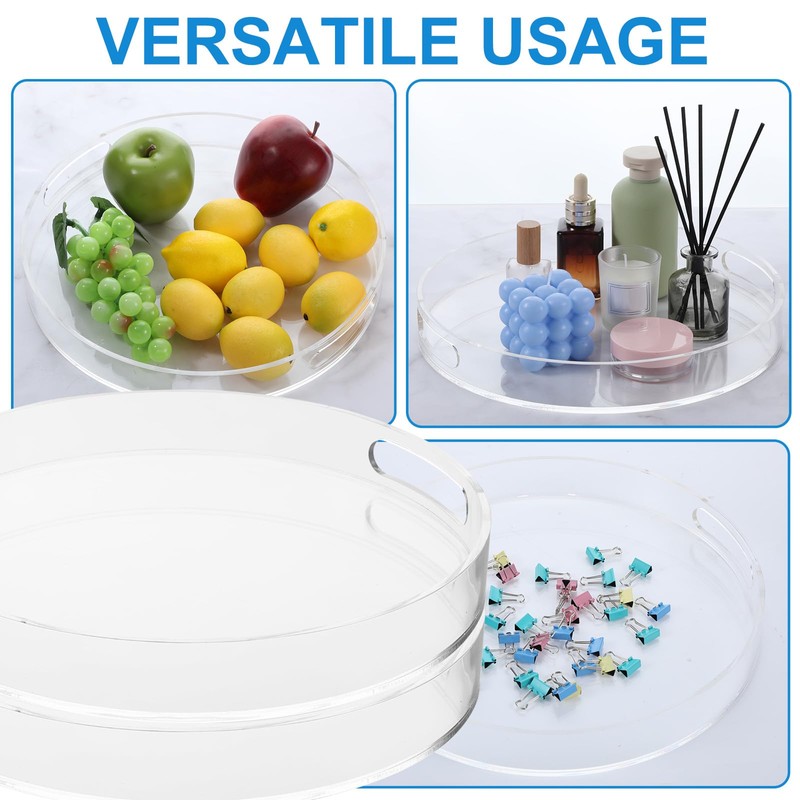 2 Pcs Acrylic Round Tray with Handles Sturdy Clear Round