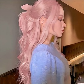 AFBeauty Pink Front Lace Wig long wave heat resistant fiber Glue-free synthesis 24 inches Deep Mid Part Wavy Wig Good for parties or cosplay