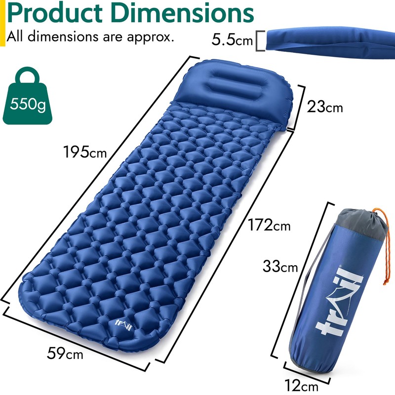 Lightweight Sleeping Mat With Pillow, Ultra Light Inflatable Camping Pad,