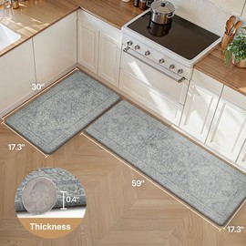 GENIMO Kitchen Mats for Floor, 2PCS Kitchen Rugs Non Slip Washable, Waterproof Anti Fatigue Mat, Comfort Standing Runner Rug for Sink, Office, Laundry, Home, 17.3"x59"+17.3"x30", LightGrey