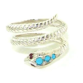 LetsBuyGold Solid Sterling Silver Natural Turquoise & Ruby Detailed Snake Ring - Size 9.25