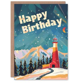 Artery8 Lighthouse Winter Mountains Man Birthday Card