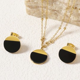 TaYolnFaSo Black Agate Jewelry Set for Women Gold Round Black Agate Earrings Double Chain Necklace Irregular Black Onyx Jewelry Birthday Gifts for Girlfriend Wife