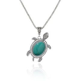 QLUYCKW Turtle Turquoise Choker Necklace Silver Gemstone Sea Turtle Pendant Ocean Beach Theme Animal Jewelry Gifts for Women Turtle Lovers (Green)