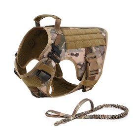 RubRab Tactical Dog Harness Vest with Handle Military Working Training Molle Vest with Metal Buckles & Loop Panels Service Dog Harness (M, Camouflage Harness with Leash)