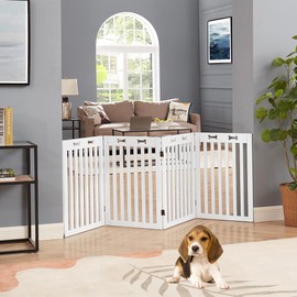 unipaws 29.5”H Free Standing Pet Gate for Dog Cat Baby, Tall Wooden Dog Gates for Doorway, Stairs, Foldable Pet Fence for The House, Expandable Dog Barrier, Indoor Use, White