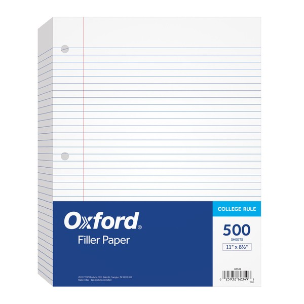 Oxford Filler Paper, 8-1/2" x 11", College Rule, 3-Hole Punched, Loose-Leaf Paper for 3-Ring Binders, 500 Sheets Per Pack (62349),White