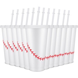 Domensi Sport Ball Plastic Tumbler with Lid and Straw 24oz Reusable Plastic Cups Sports Gifts for Fan Friend Birthday Sport Party Supplies(12 Pcs,Baseball)