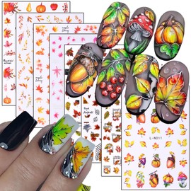 Fall Maple Leaf Nail Art Stickers Decals, 3D Autumn Leaves Pumpkin Mushroom Nail Adhesive Sticker Designs, Glitter Thanksgiving Nail Transfer Decal Decorations for Women Manicure Art Tips