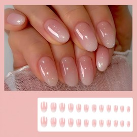 ZSPERKLA 24 PCS Almond Press on Nails Short French Tip Fake Nails Gradient White False Nails with Glue On Nails for Women Nails Art