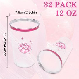 Whaline 32Pcs Pink Disco Ball Plastic Cups 12oz Clear Disposable Cups with Rose Red Rim Vintage Disco Theme Party Cups for Wedding Bachelorette Party Celebration Drinkware Supplies
