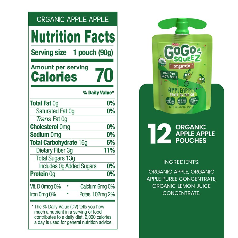 GoGo squeeZ Organic Applesauce and Fruit Puree, Apple Apple, 3.2