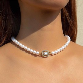 YienDoo Funky Square Crystal Pearl Choker Necklaces Crystal Solitaire Pendant Necklace Silver Pearl Strand Chain Choker Statement Sparkly Bridal Rhinestone Pearl Necklace Jewelry for Women