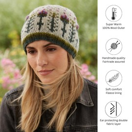 Pachamama Women Wool Beanie Hat Handknitted Scots Thistle Design Multicoloured One Size Handmade Extra Warm