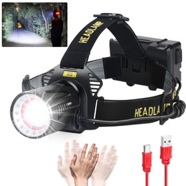 Aikertec Headlamp Rechargeable, Super Bright Headlamp for Adults with Motion Sensors, 7 Modes, Zoomable, IP68 Waterproof Head Flashlight for Camping Hunting Fishing (Batteries Included)