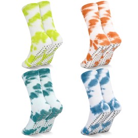 4 Pairs Pilates Grip Socks Tie Dye Non Slip Yoga Socks for Women with Grips Cotton Athletic Sock Ladies Grippy Sock for Home Gym Workout Sports Fitness Dance (Lime Green, Blue, Ocher, Saxe Blue)