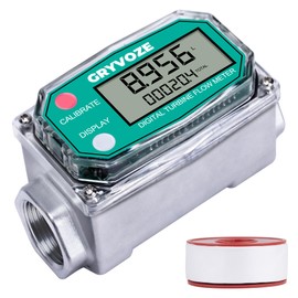 GRYVOZE 3/4 Inch Water & Fuel Flow Meter with PTFE Tape, for 0.8-13.2 GPM Inline NPT Thread ±1% Accuracy Flowmeter for Diesel, Gas Oil, Gasoline, and Other Liquids - Supports Sleep Mode