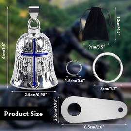 vvag Motorcycle Bell Guardian Angel, Good Luck Biker Bell with Bells Hanger 2 Key Chain Rings and Organizer Bag, Motorcycle Gifts for Men Women Guard Riding Safety (Cross Blue)