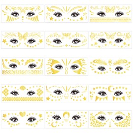 Face Metallic Temporary Tattoos,10 Sheets Gold Flash Glitter Face Tattoo Sticker Moon Star Heart Fish Scale Feather Leopard Print Metallic Tattoos for Makeup Music Festival Party Favor Accessories
